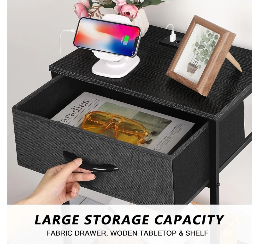 Black Nightstand with Drawer and Built-in Charging Station - photo 3