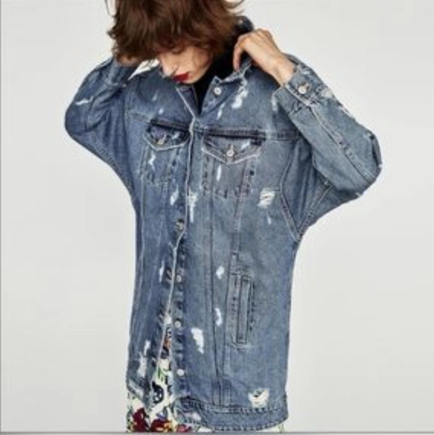 ZARA Distressed Long Jean Jacket