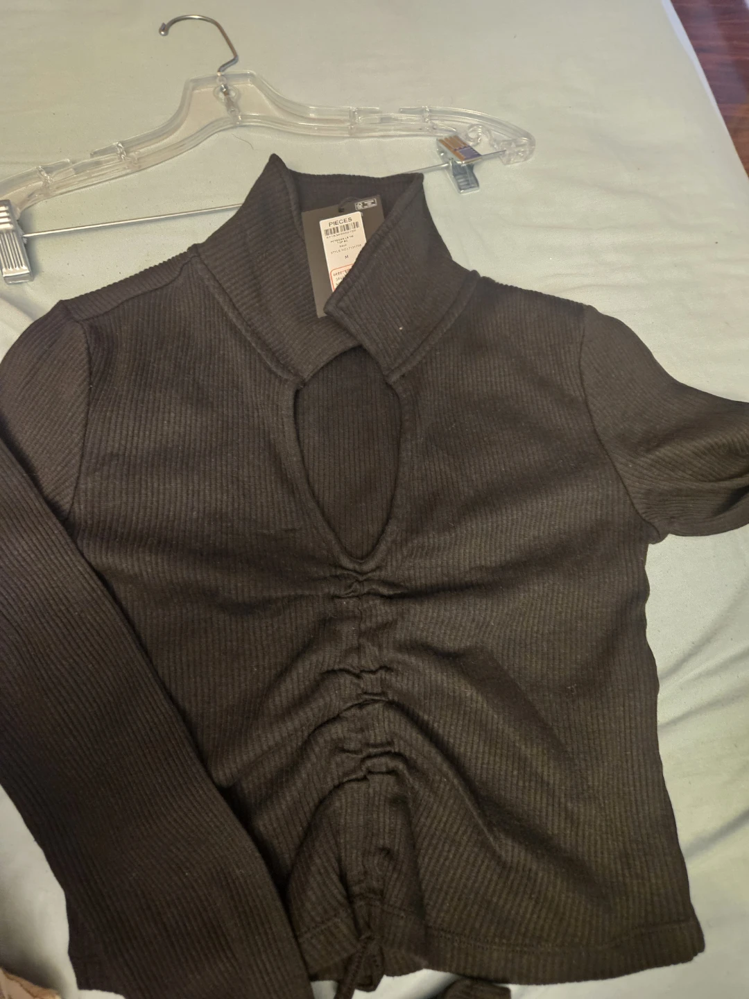 PIECES Black Ribbed Tie Front Long Sleeve Top Size M