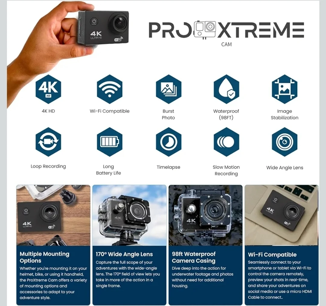 ❤️ APEXCAM 4K Action Camera - Waterproof with Mounts - photo 3