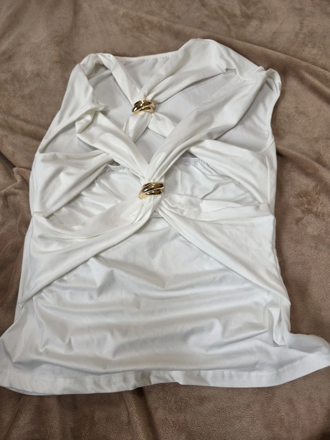 White V-Neck T-Shirt with Cross-Front Detail