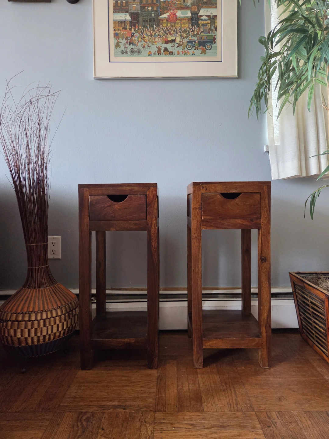 Pair of Rustic Modern Solid Acacia Single Drawer Nightstands - photo 2