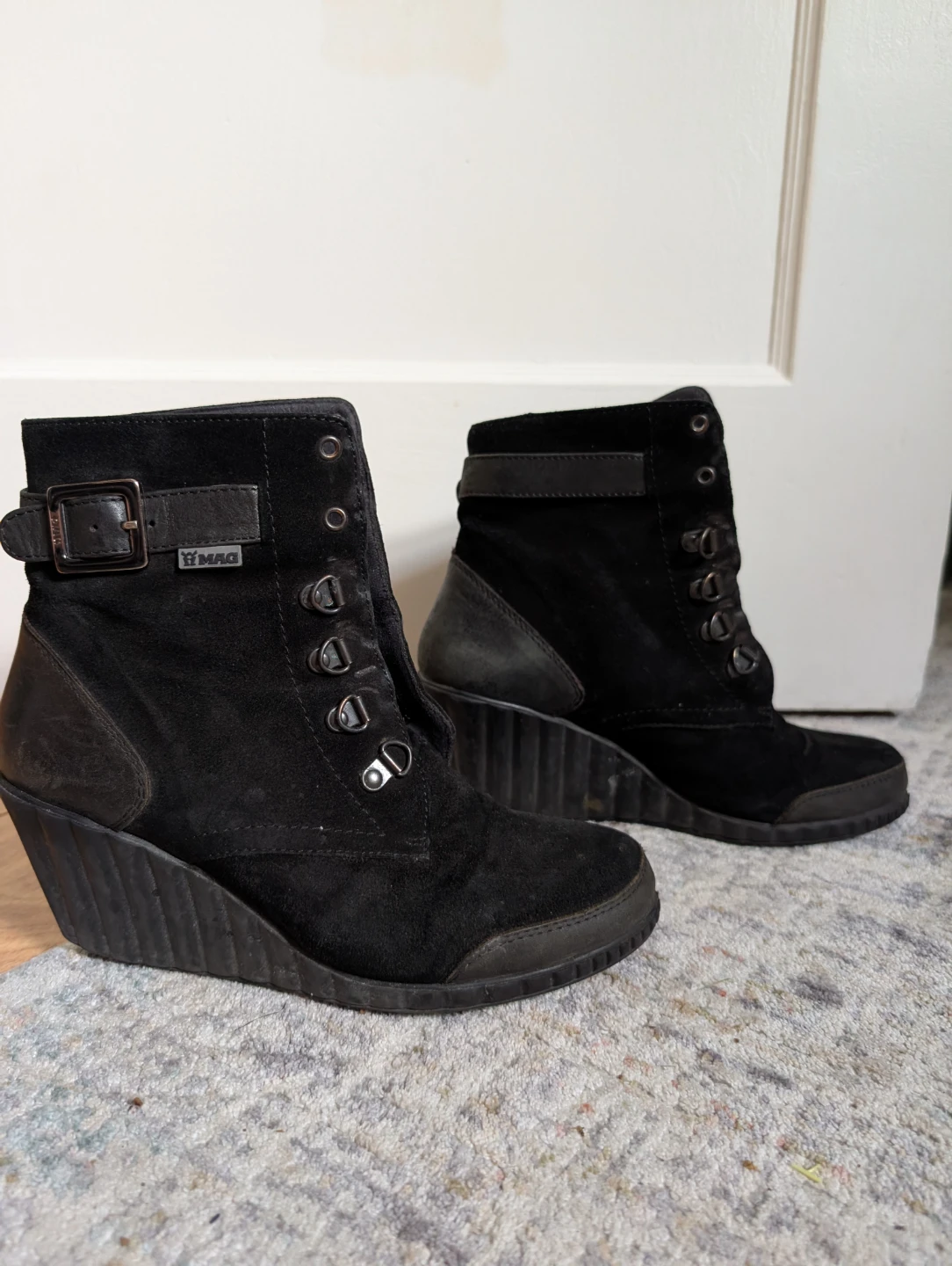 MAG Black Suede Wedge Ankle Boots