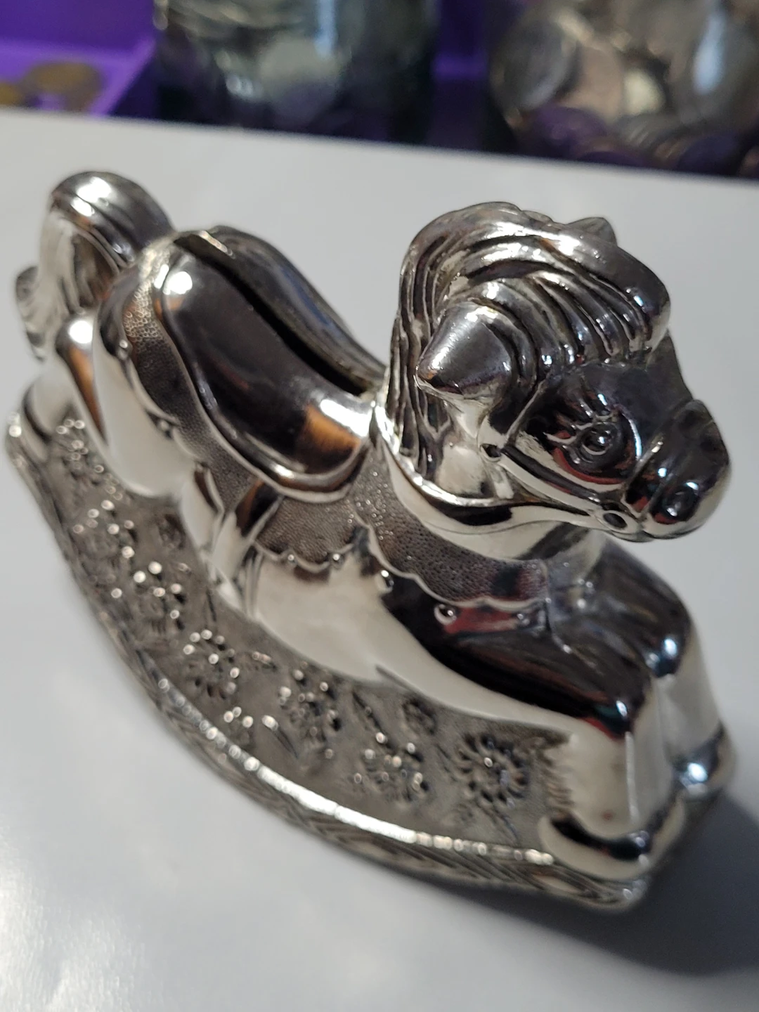 Silver Tone Rocking Horse Coin Bank