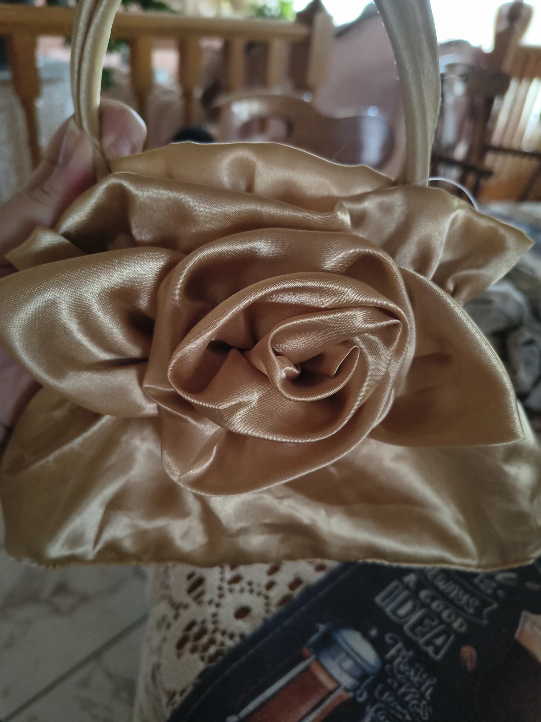 Gold Satin Drawstring Handbag with Rose Accent - photo 2