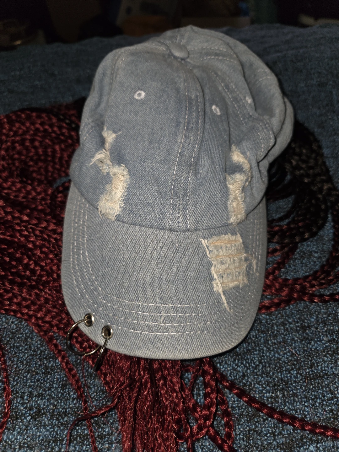 Distressed Denim Baseball Cap with Rings