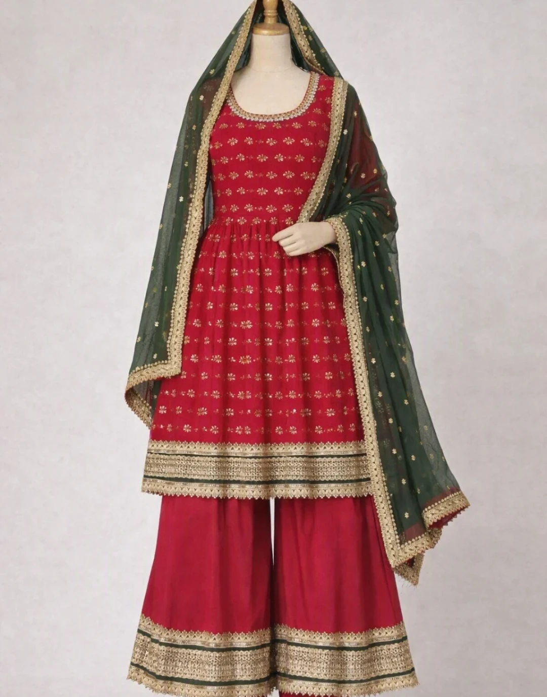 Red Sharara Suit with Green Dupatta