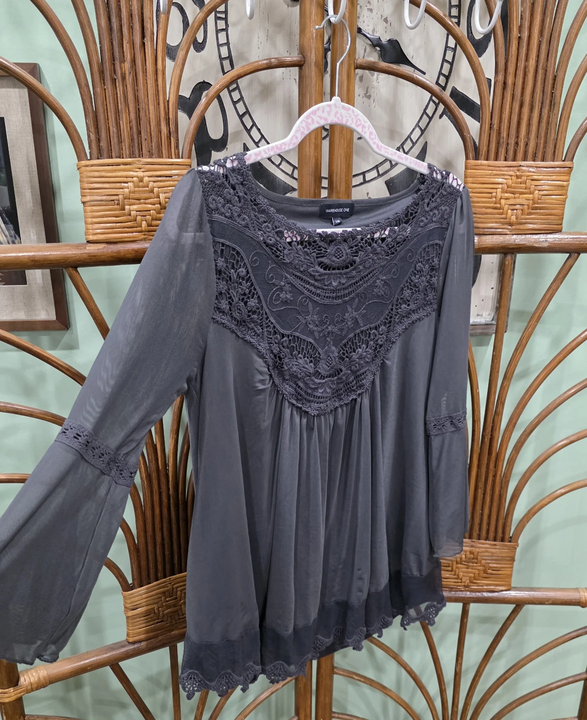 WAREHOUSE ONE Women's Grey Lace Yoke Blouse - photo 2