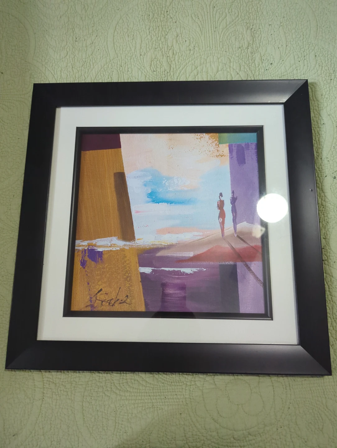 Framed Abstract Painting with Figures size 17.5 x17. 5 in