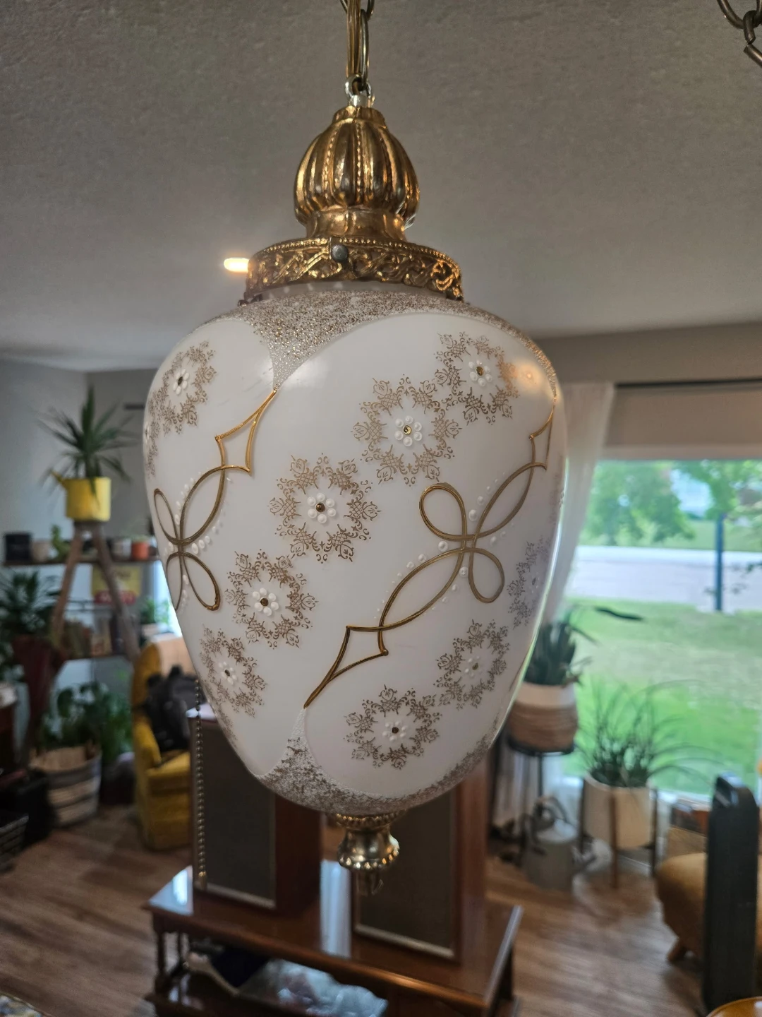 Vintage Milk Glass Swag Lamp with Gold Filigree