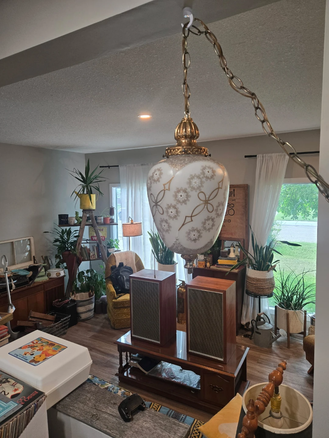 Vintage Milk Glass Swag Lamp with Gold Filigree - photo 2