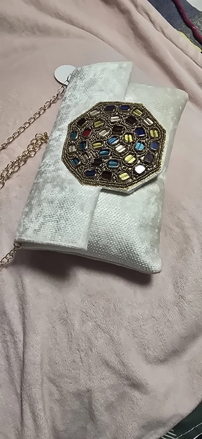 White Embellished Clutch with Gold Chain - photo 2