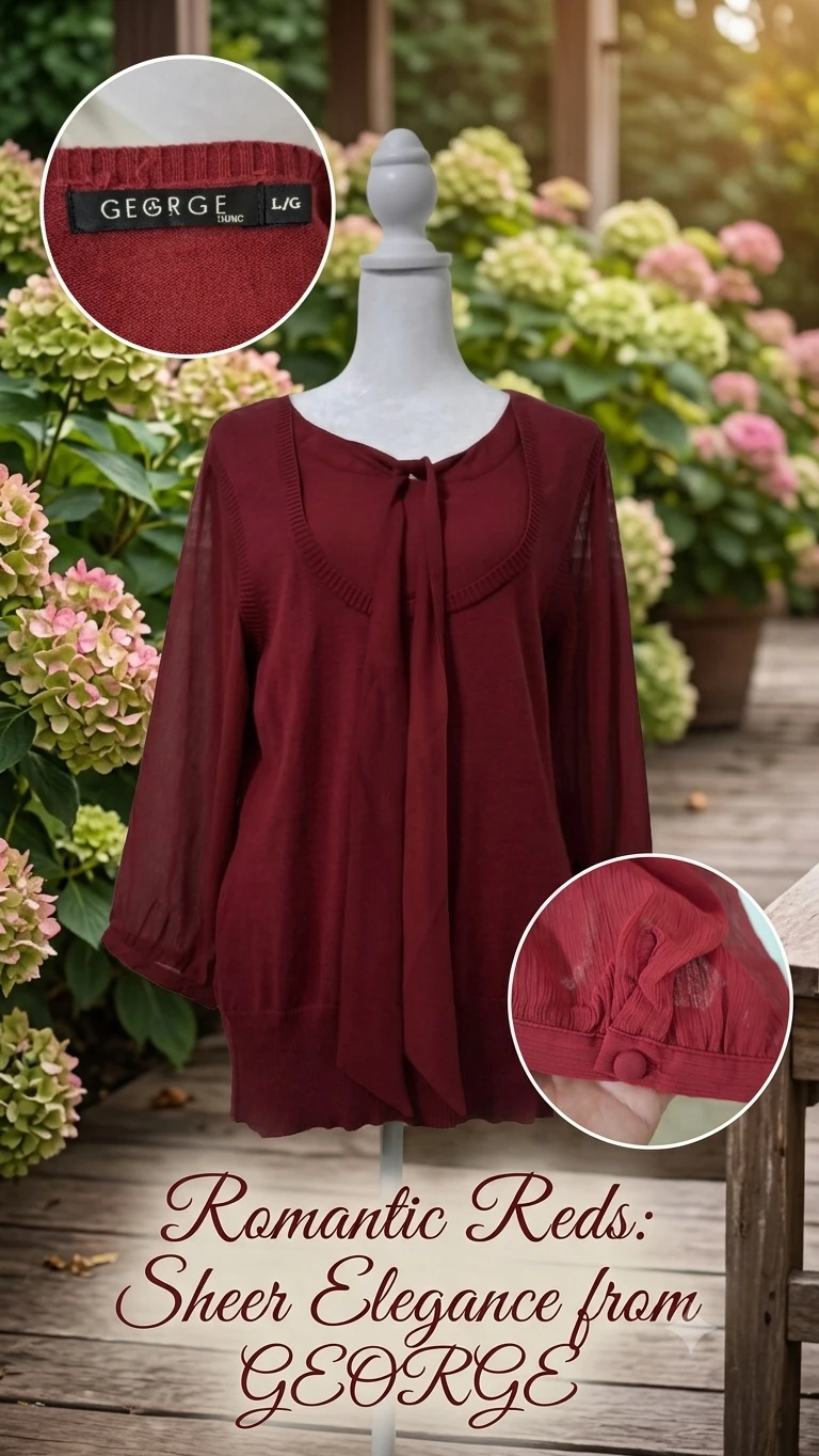 GEORGE Red Layered Knit Top with Sheer Tie-Neck