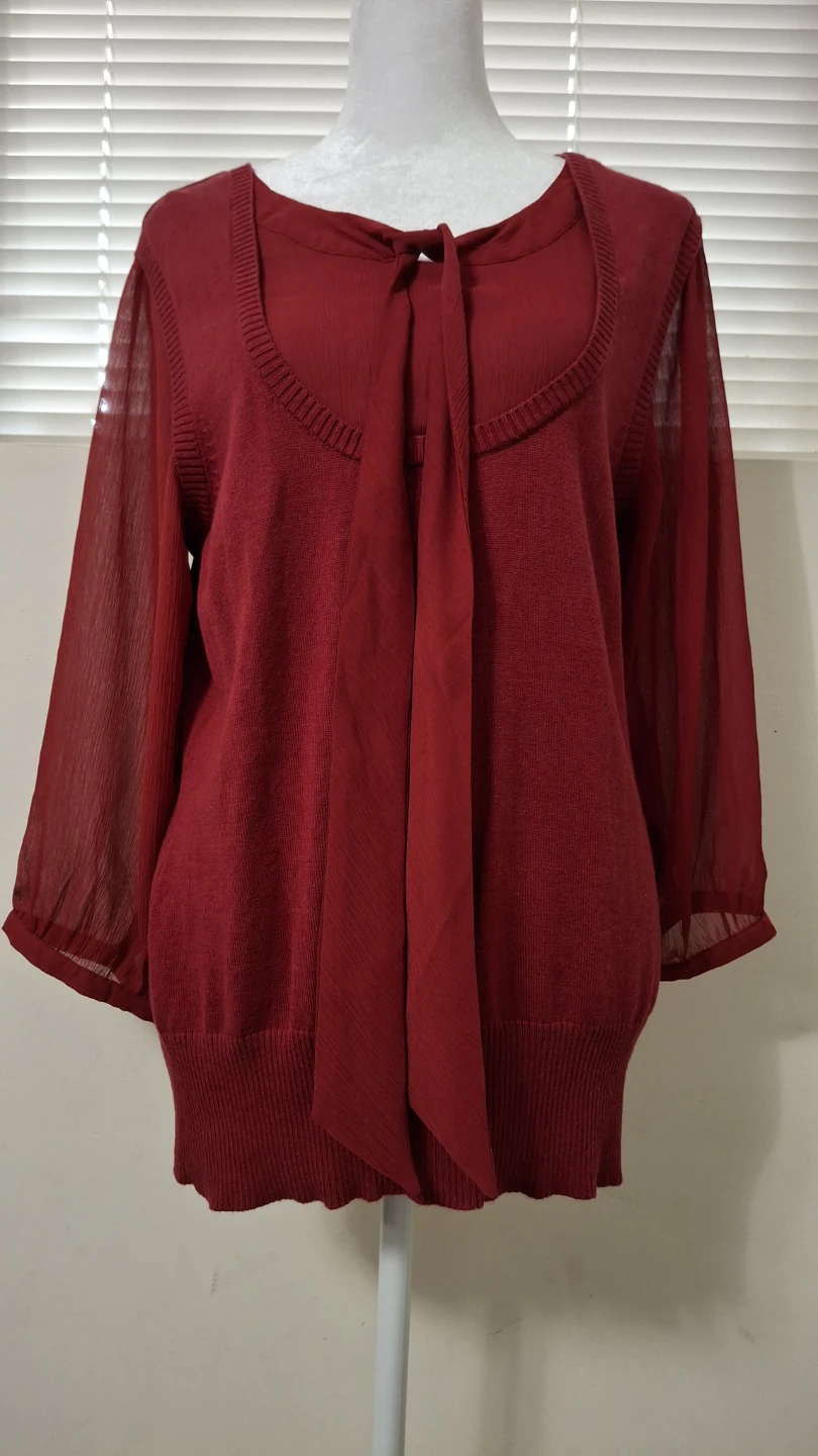 GEORGE Red Layered Knit Top with Sheer Tie-Neck - photo 3
