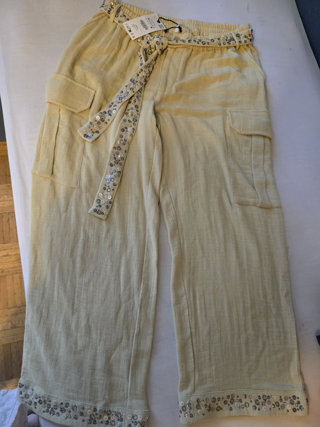 Zara Beige Sequin Belt Cargo Pants XL - photo 4