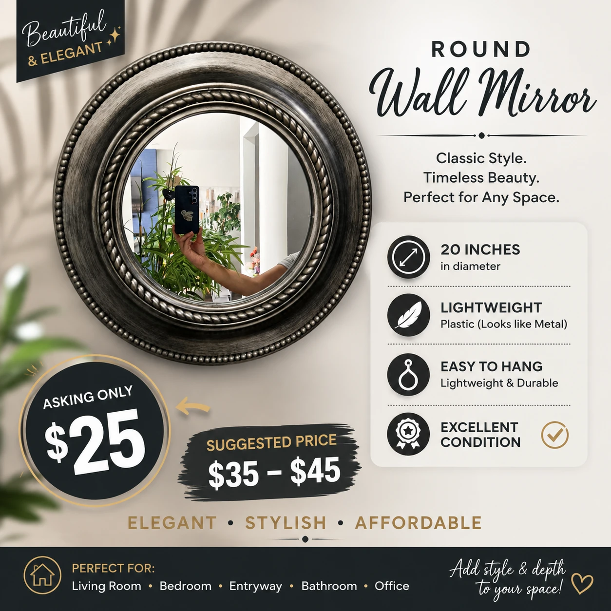Round Wall Mirror - 20 Inches Diameter - photo 2