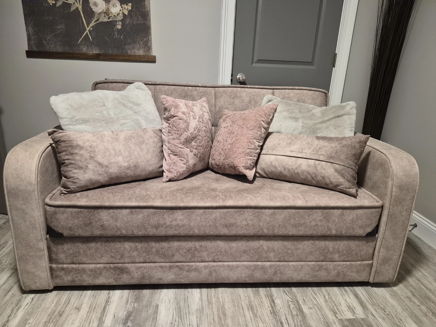 Taupe Loveseat Sofa with Throw Pillows - photo 3