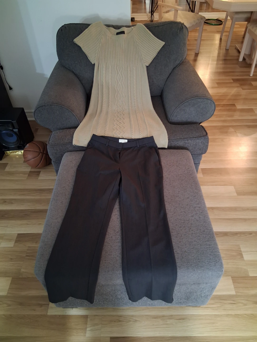 Women's Tan Sweater Dress and Grey Dress Pants