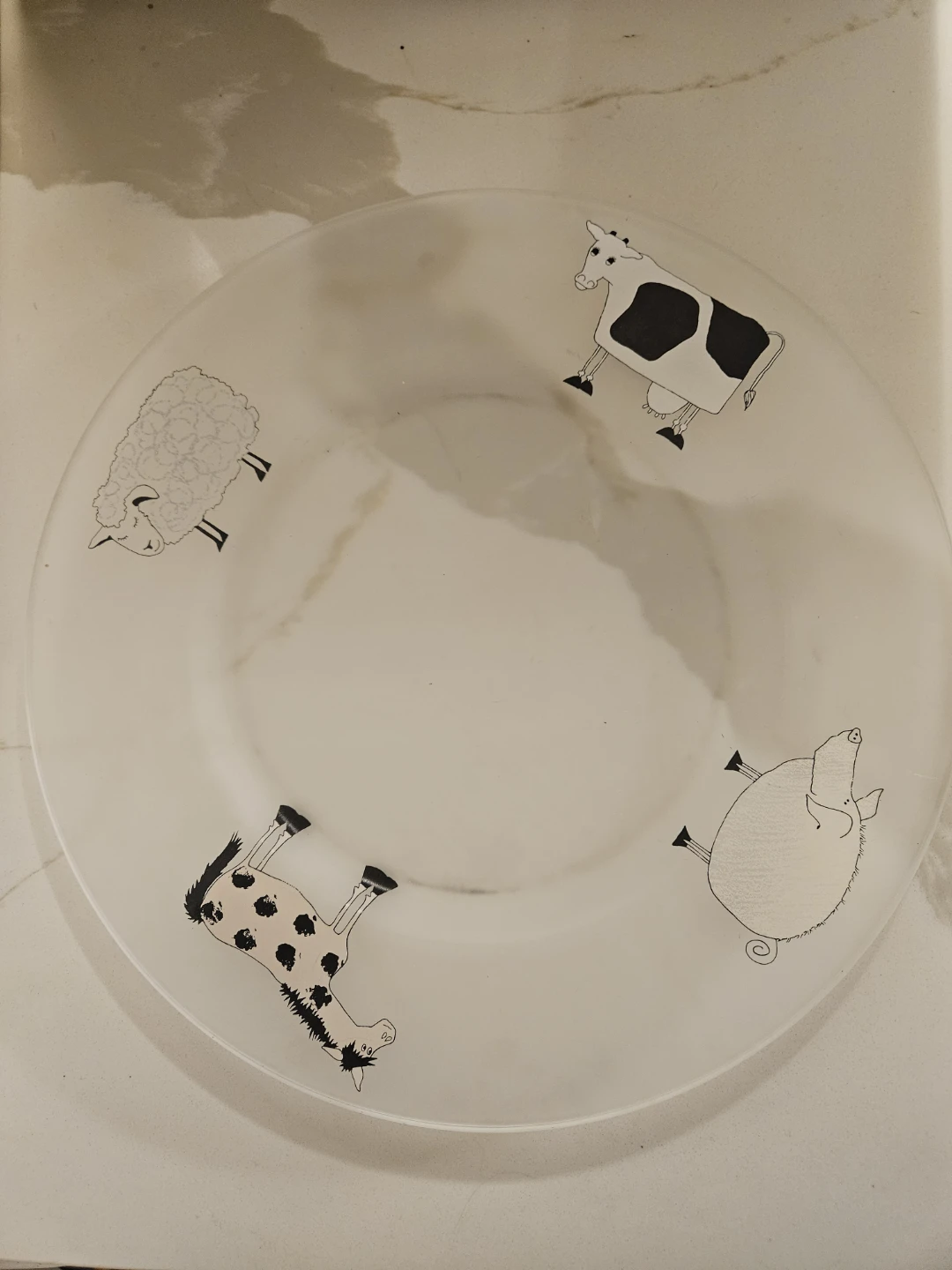 Glass serving platter with farm animal design