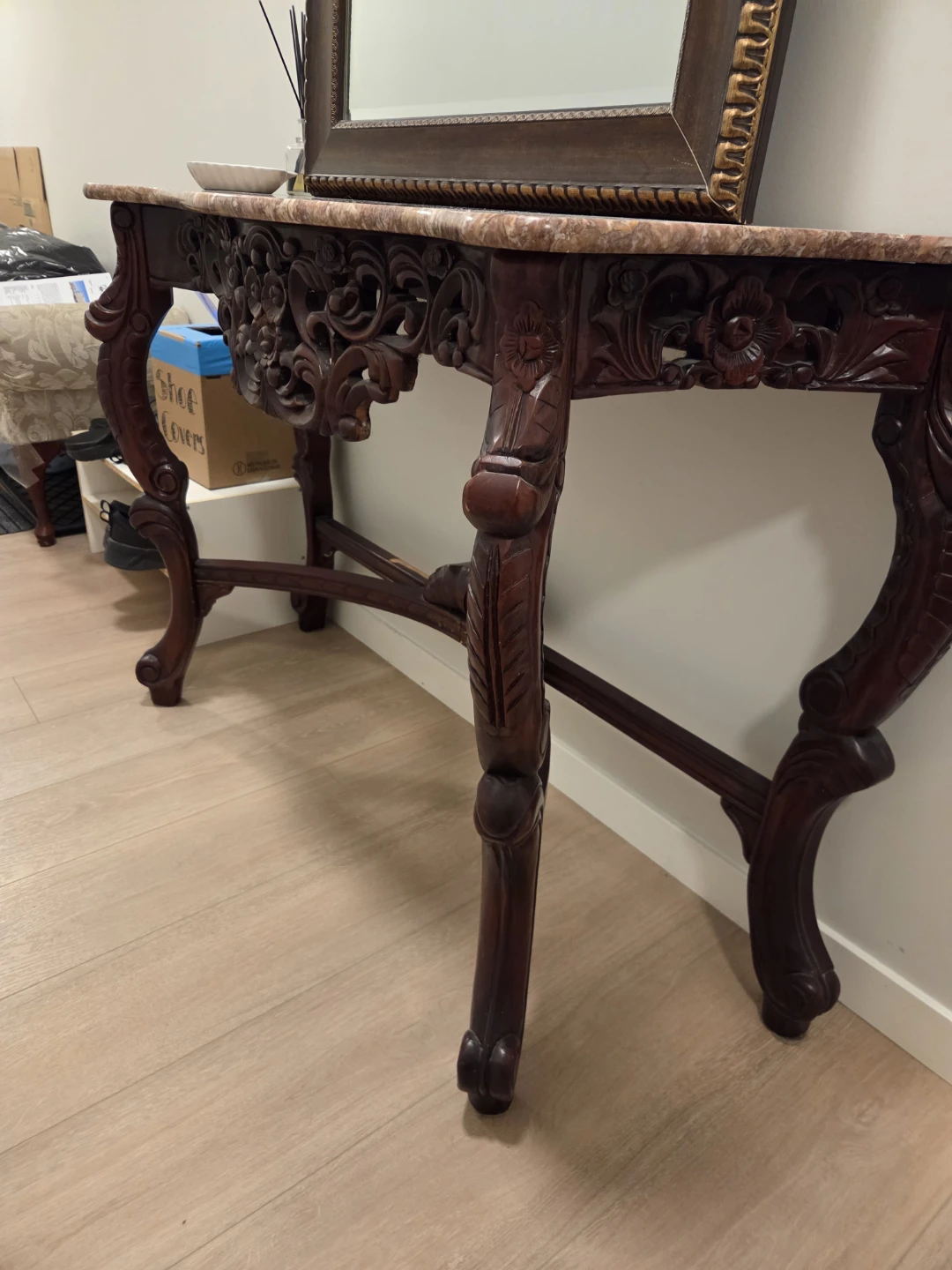 Vintage Carved Wood Console Table with Marble Top