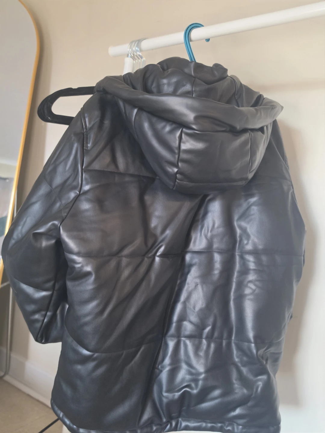 Black Faux Leather Puffer Jacket with Hood - photo 3