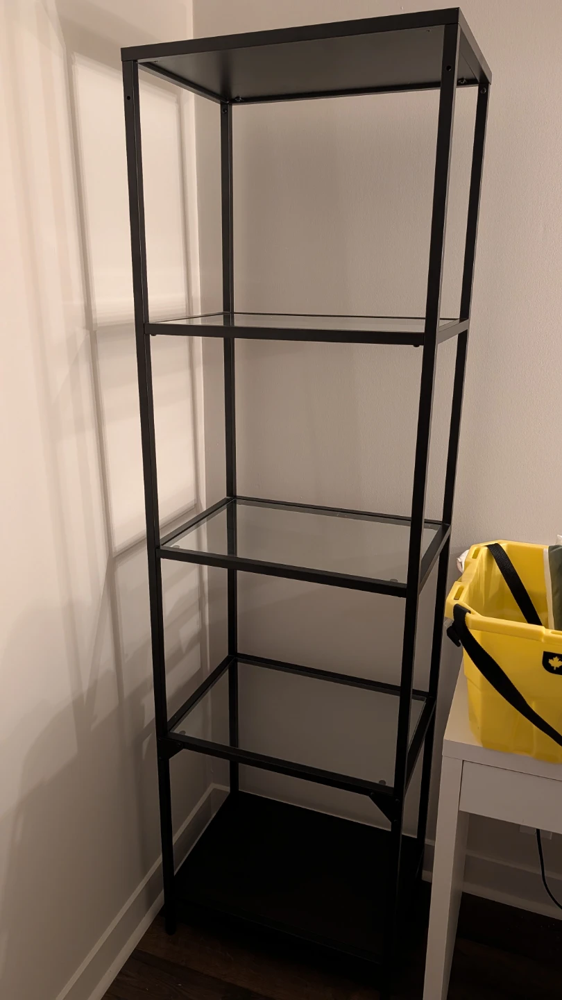 Tall Black Metal Shelf Unit with Glass Shelves