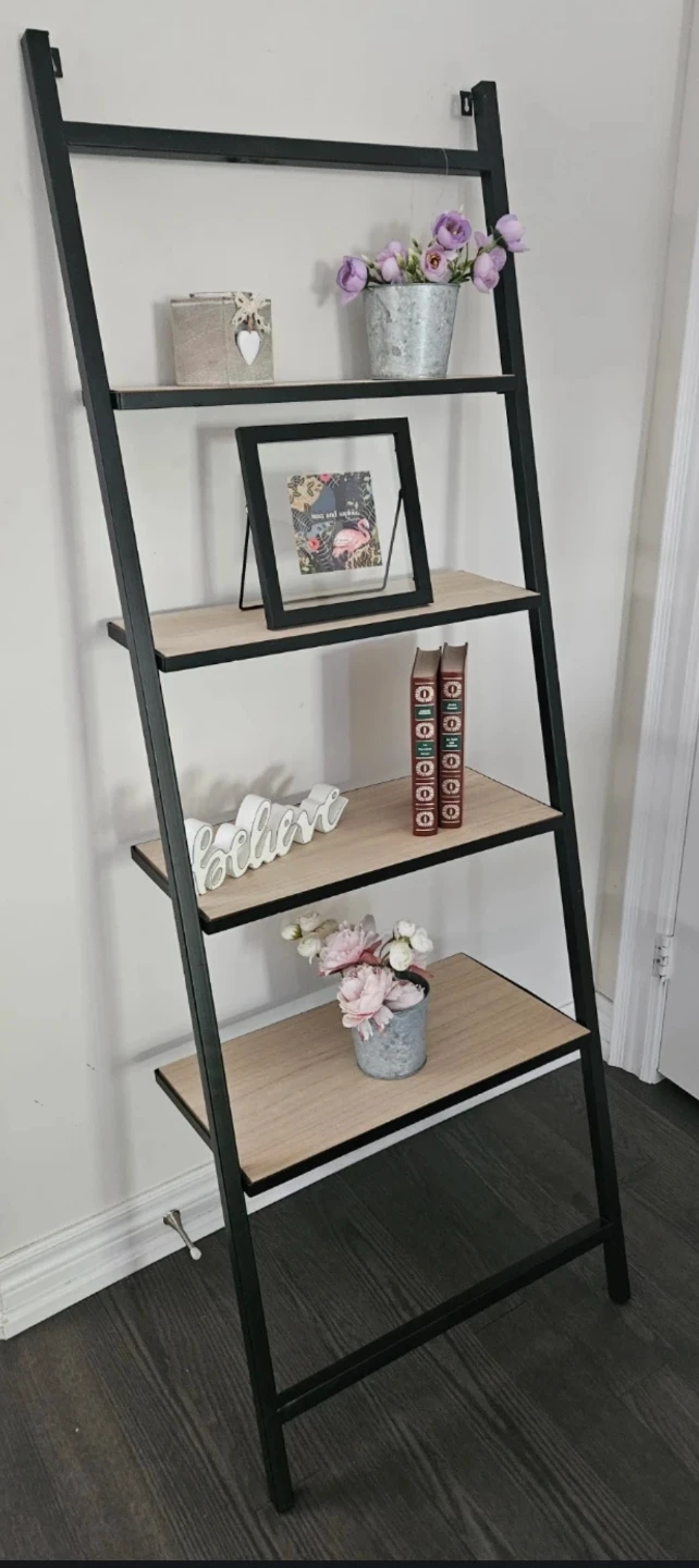 Ladder Bookshelf - Black Metal Frame with Wood Shelves