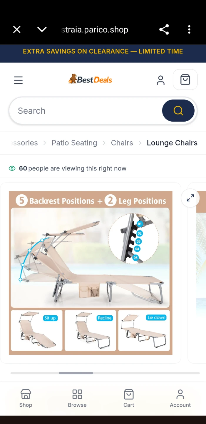 Foldable Beach Lounge Chair with 360°Canopy, Side Pocket - photo 3