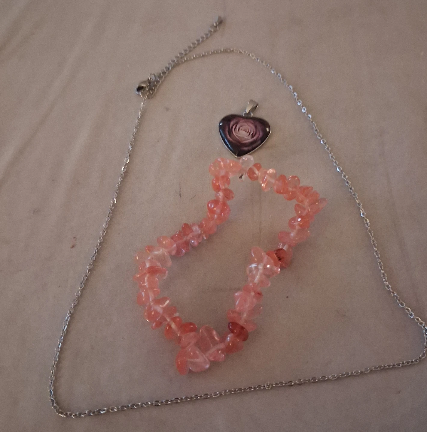 Heart Pendant Necklace with Pink Stone Bracelet