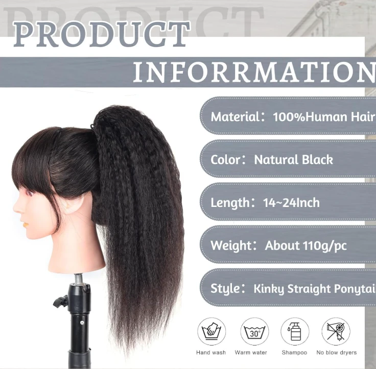 Kinky Straight Ponytail Extension 100% Human Hair Natural Black - photo 4