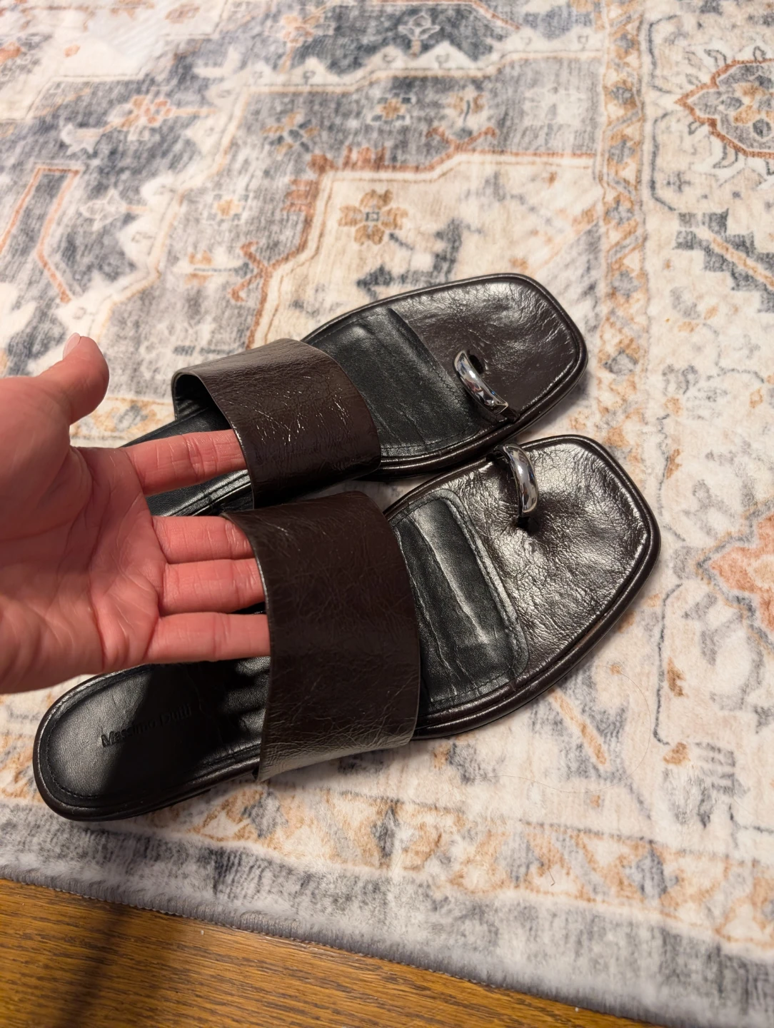 Massimo Dutti Leather Toe Ring Slides - Brown - photo 4
