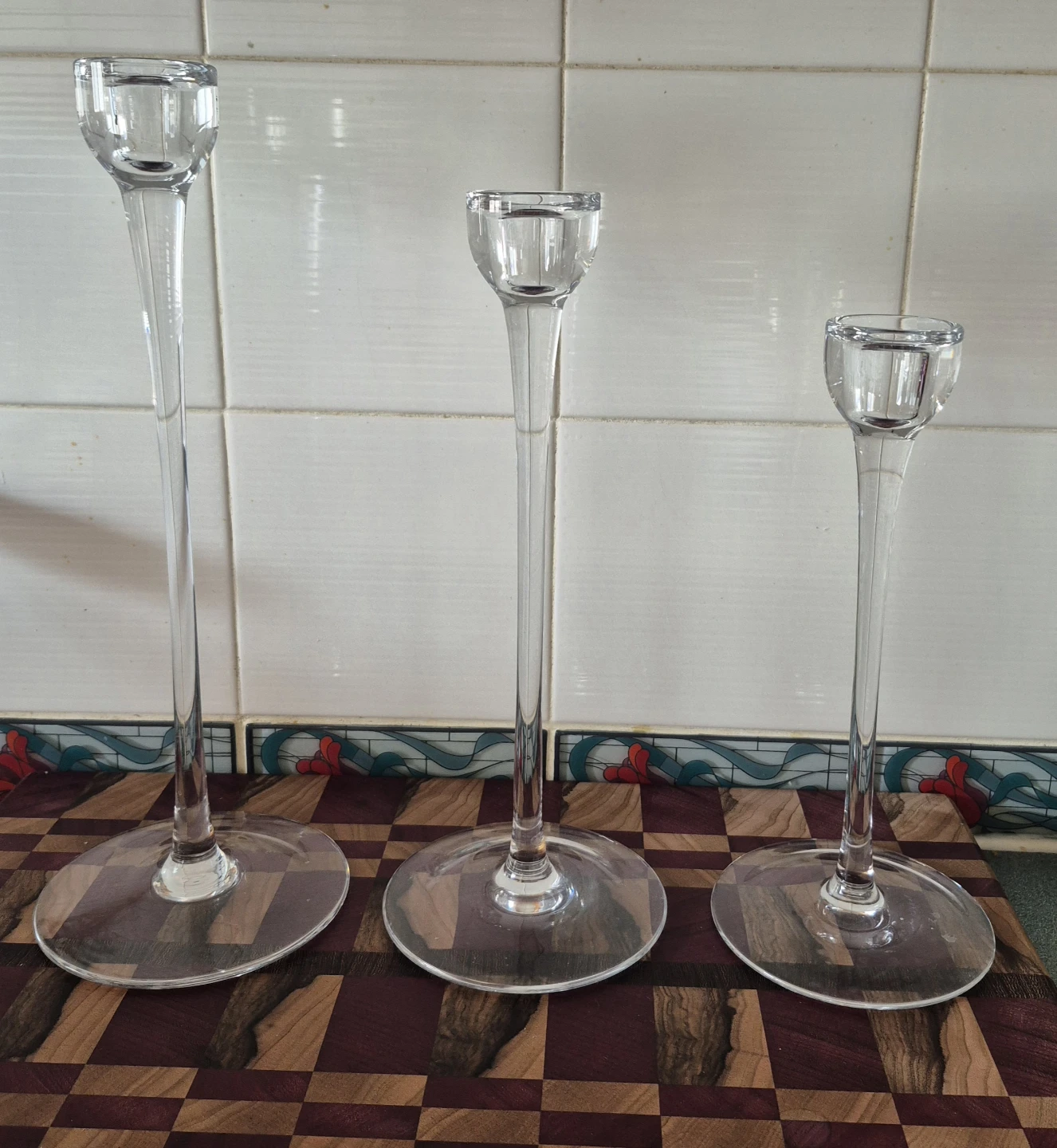 Set of 3 clear glass taper candle holders