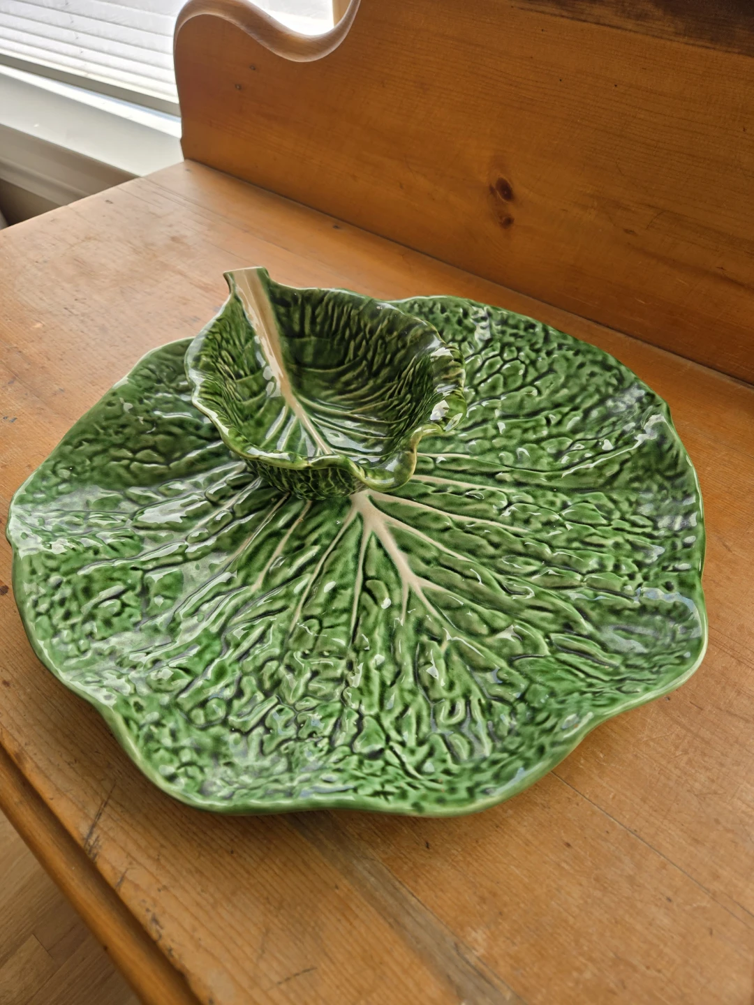 Green Cabbage Leaf Serving Dish with Bowl