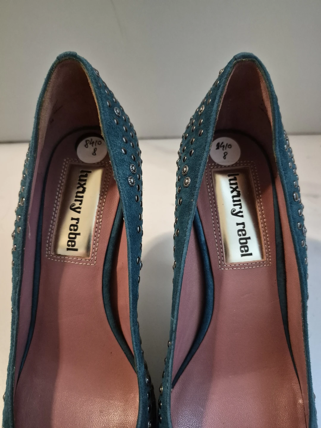 NEW Luxury Rebel Teal Suede Studded Heels - photo 4