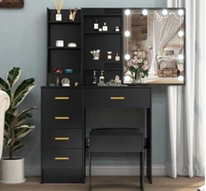 Black Vanity Set with Lighted Mirror and Stool - photo 2