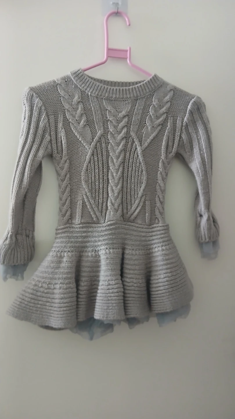 Girls Grey Cable Knit Sweater Dress with Tulle Skirt