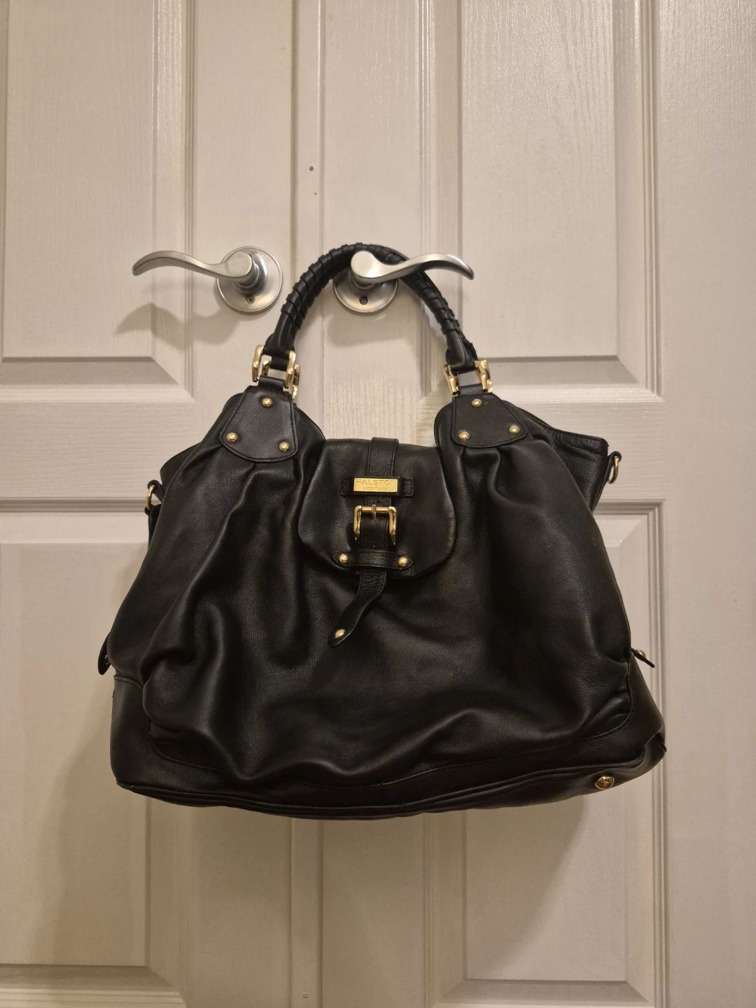Halston Heritage Brandy Black Leather Satchel Bag
