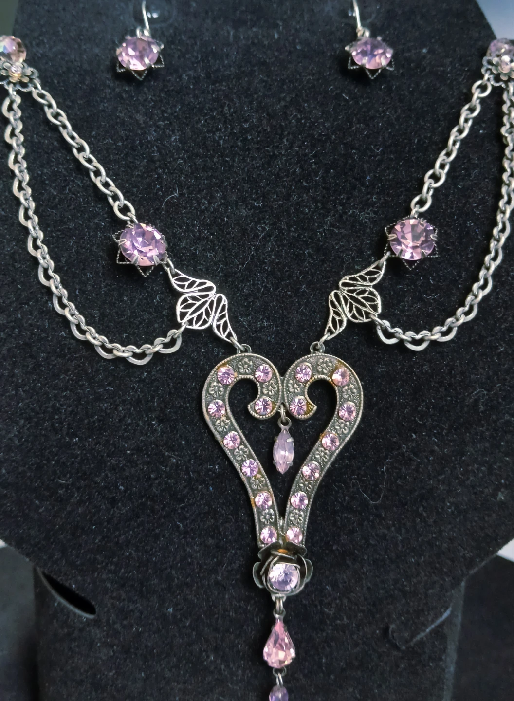 Silver-tone Heart Necklace and Earring Set with Pink Crystals
