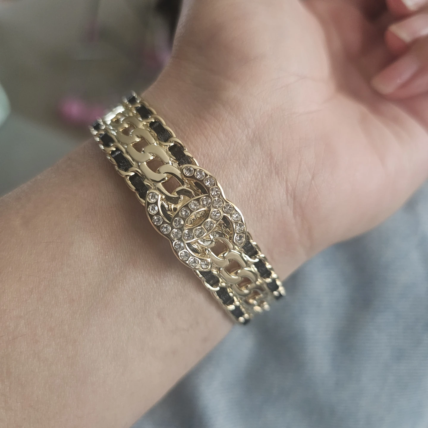 Chanel CC Logo Rhinestone & Black Leather Cuff Bracelet - photo 4