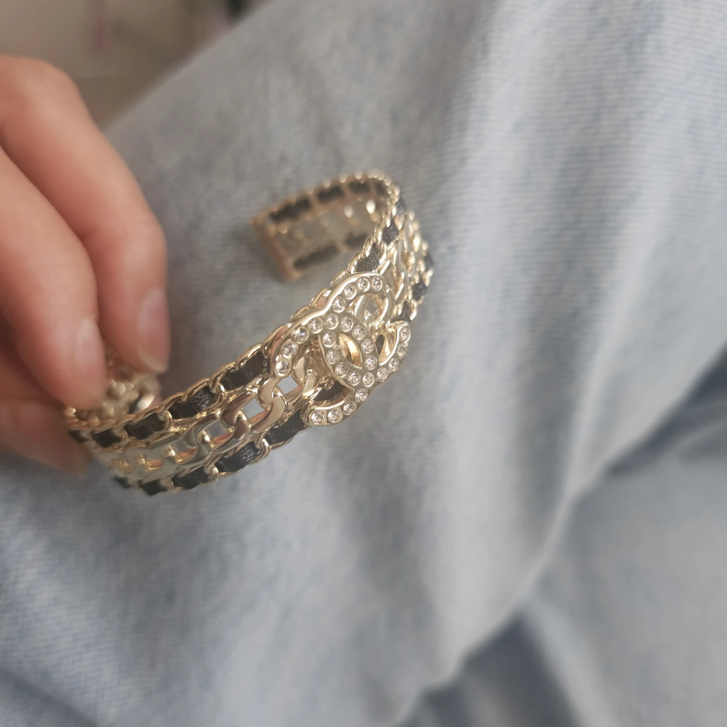 Chanel CC Logo Rhinestone & Black Leather Cuff Bracelet - photo 5