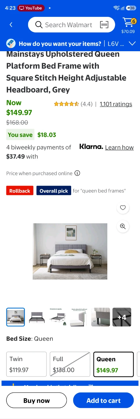 Mainstays Upholstered Queen Platform Bed Frame - Grey