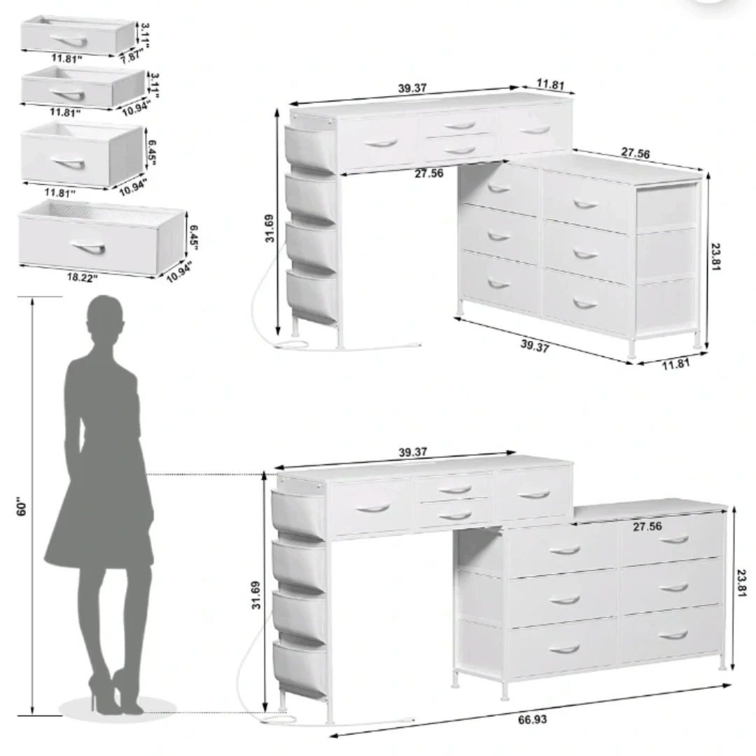 White 10-Drawer Dresser with Side Organizer and Built-in Outlets - photo 3