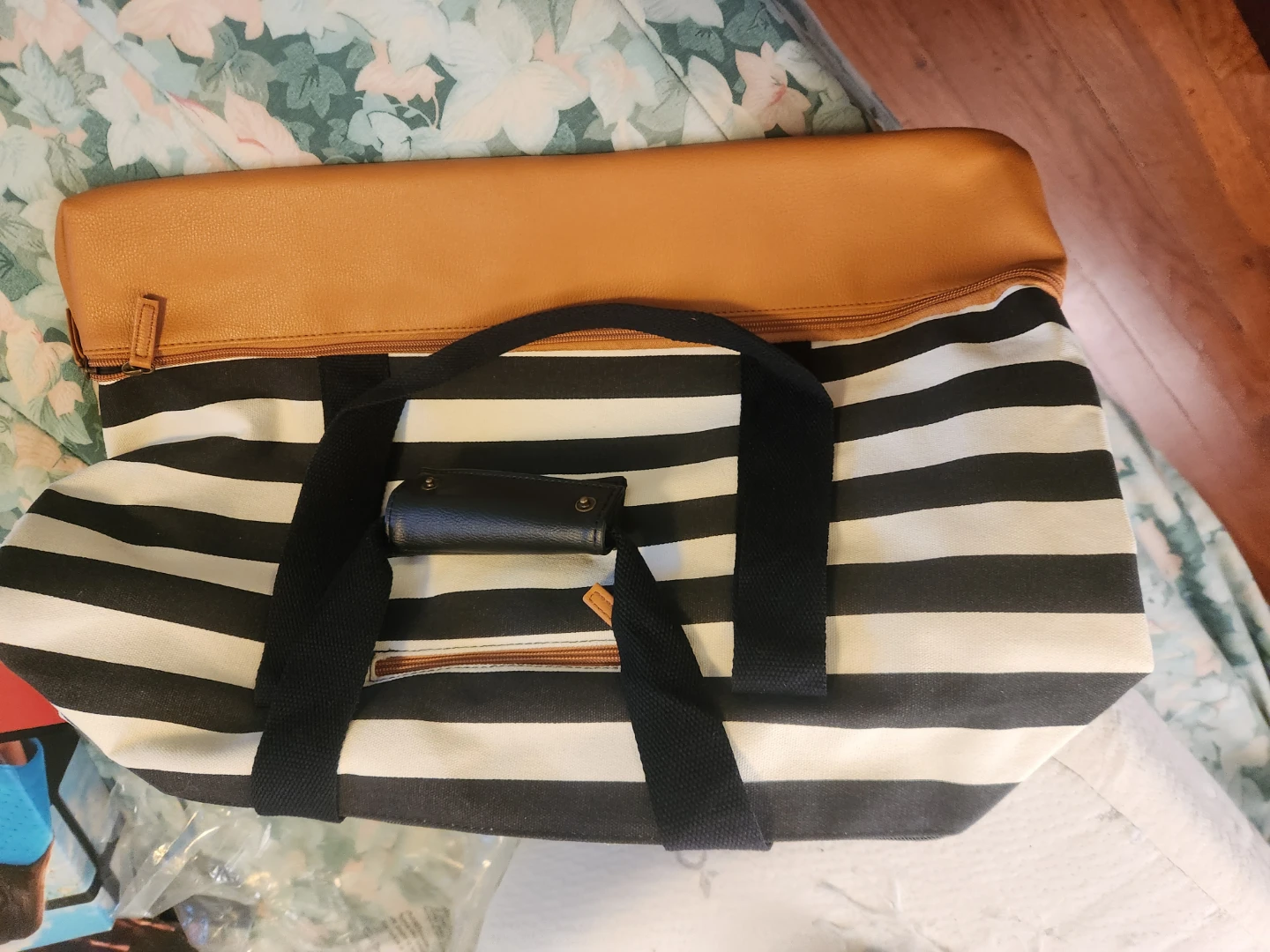 Striped Duffle Bag with Faux Leather Accents