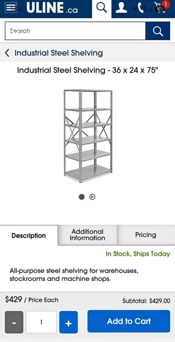 Uline Industrial Steel Shelving - 36" x 24" x 75"