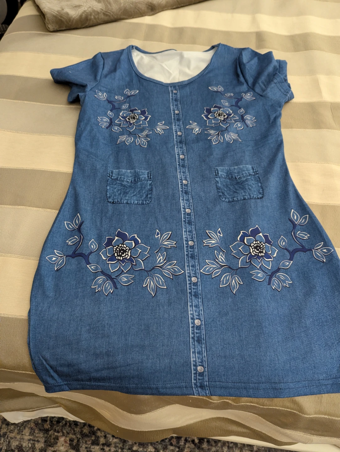 Blue Denim Dress with Floral Embroidery