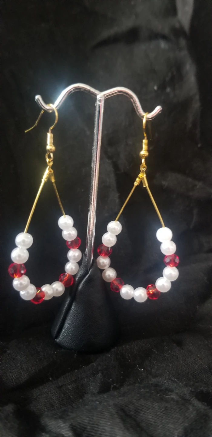 Handmade Pearl and Red Bead Hoop Earrings