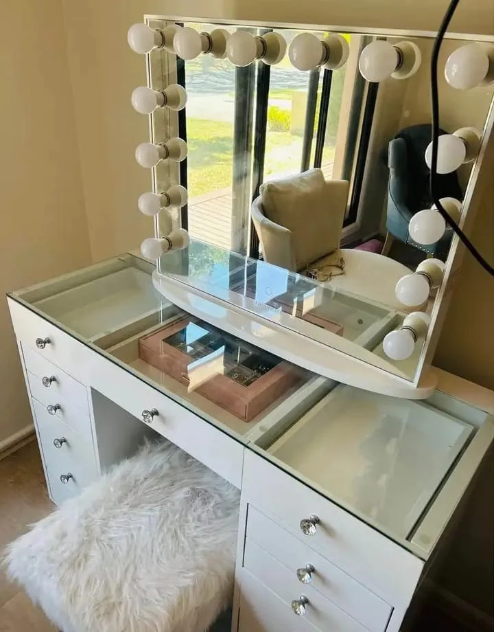 White Vanity Makeup Table with Lights and Stool