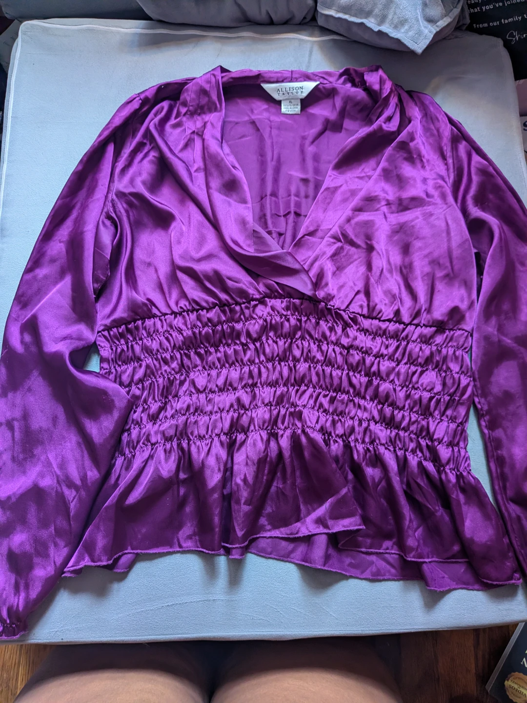 Allison Taylor Purple Satin Smocked Blouse XL