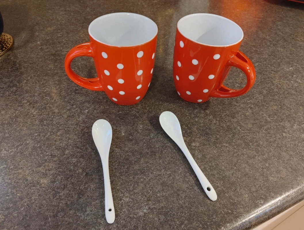 Set of 2 Red Polka Dot Mugs with Spoons