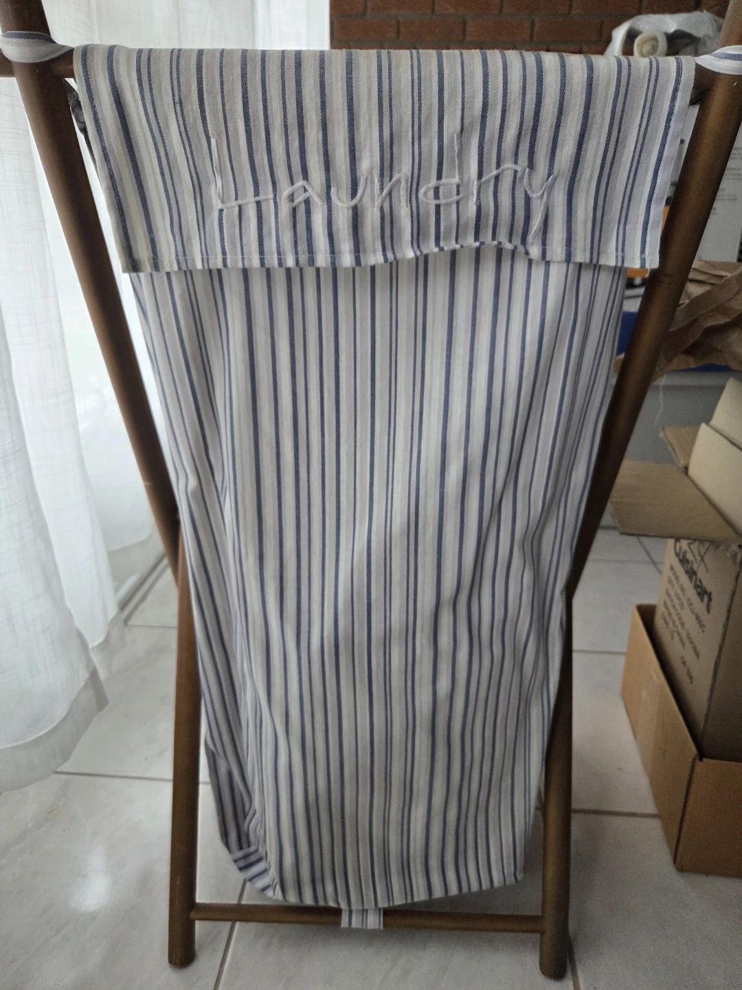 Striped Laundry Hamper with Wooden Frame